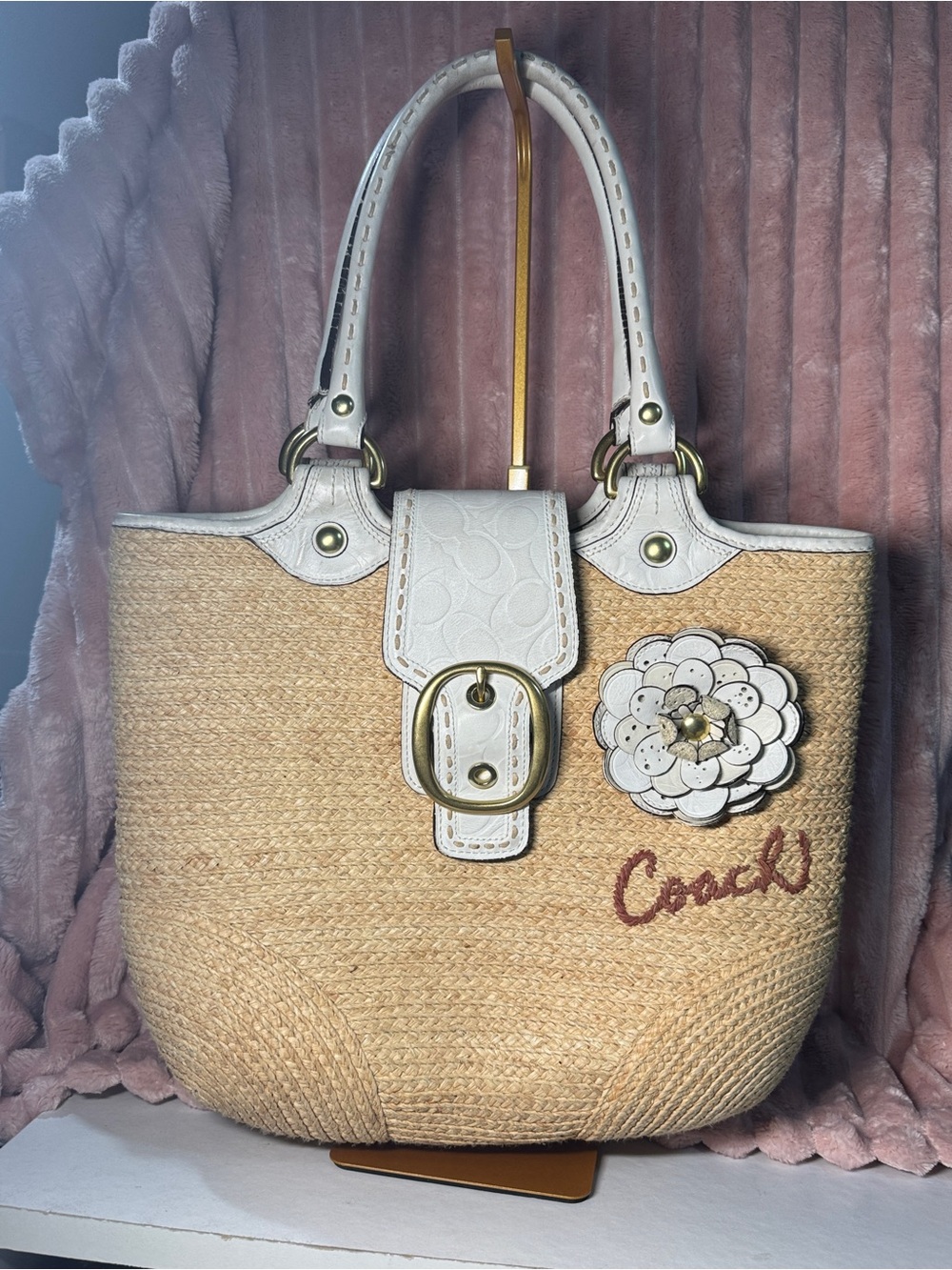 Coach Bleecker  Straw Tote White Leather Trim Floral Accent tattersall interior